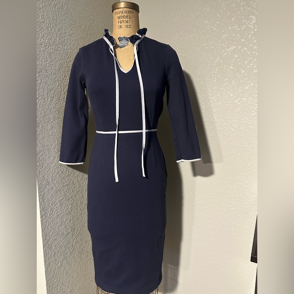 Boden Long Sleeve Navy Dress with White Trim Sz 6 R